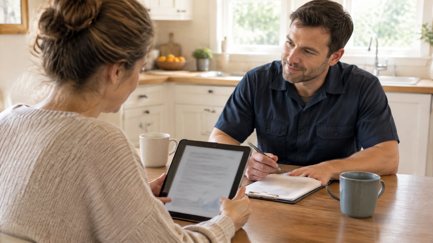 Homeowner checking a contractor's credentials on a tablet before hiring