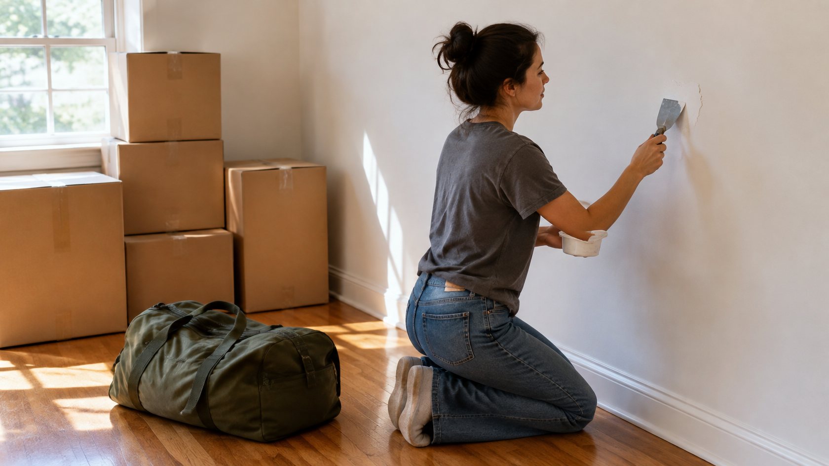 Patching a wall during a PCS move-out, with moving boxes and a duffel bag nearby