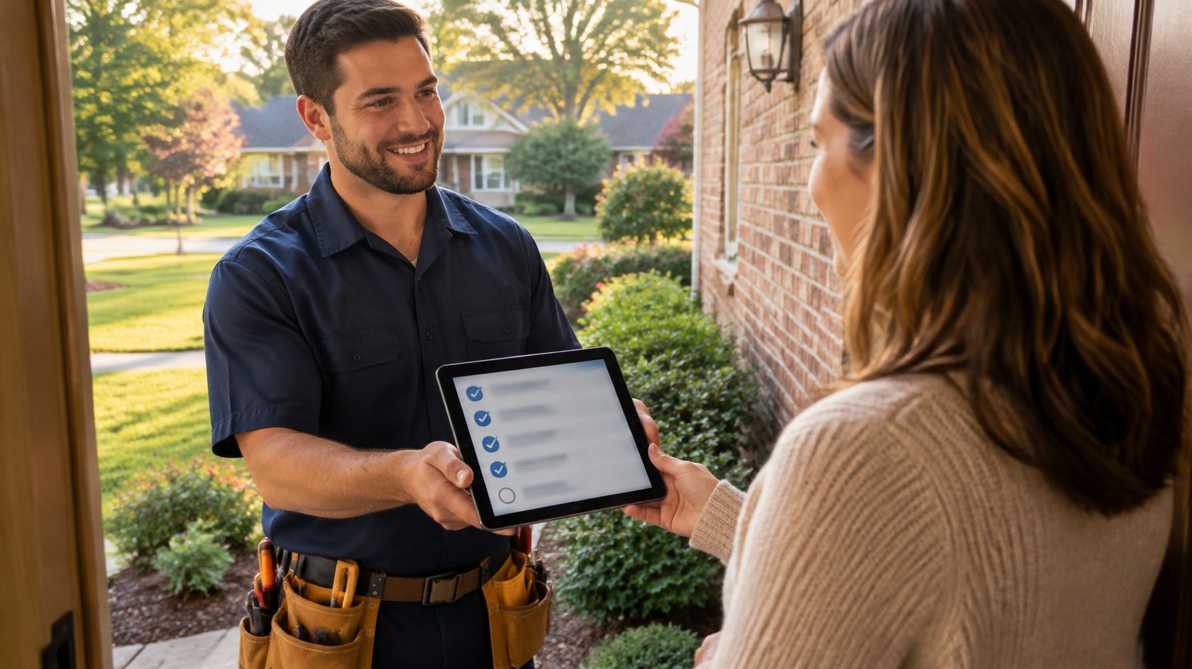 Coastal Repair Squad pro handing a homeowner the completed-job checklist on a tablet